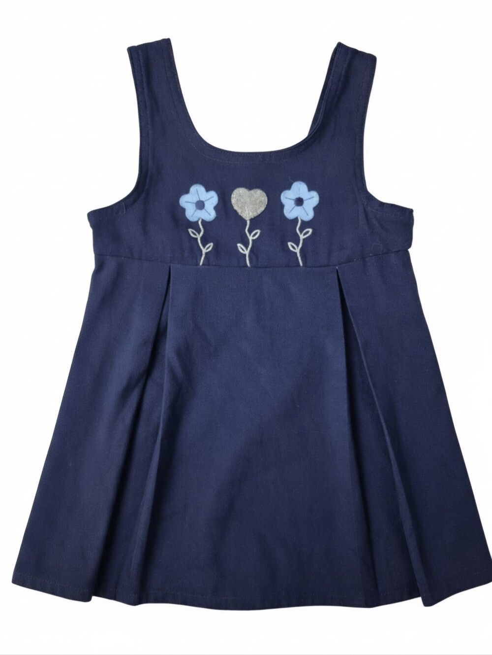 Vintage 90s Navy Blue Floral Embroidered Pleated Jumper Dress 2T